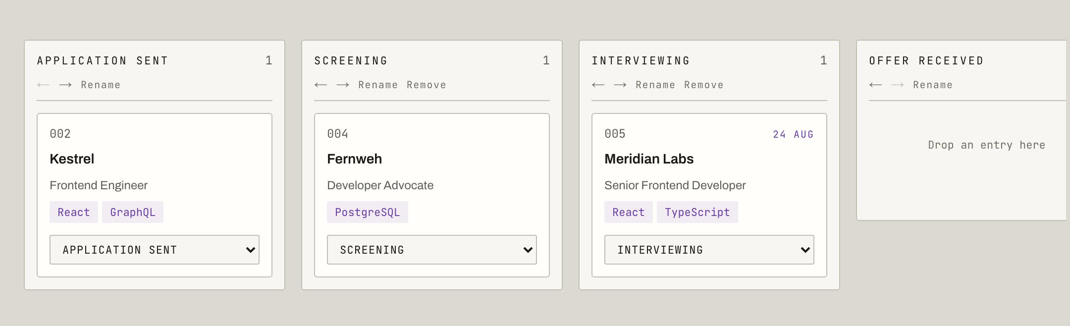 The board: columns from Application sent to Offer received, with cards carrying protocol numbers and stack tags.